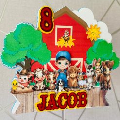 Personalised 3D Happy Farm cake topper with custom name and age for kids.