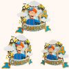 Prim-plan cu numele și cifra personalizată în culori galben și albastru pe topperul Micii Constructori