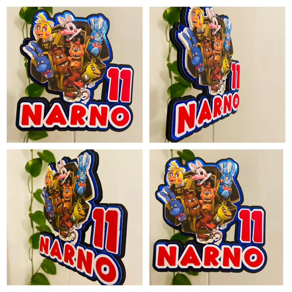Custom 3D birthday cake topper Night Friends, Model 2 design with four different views detailed